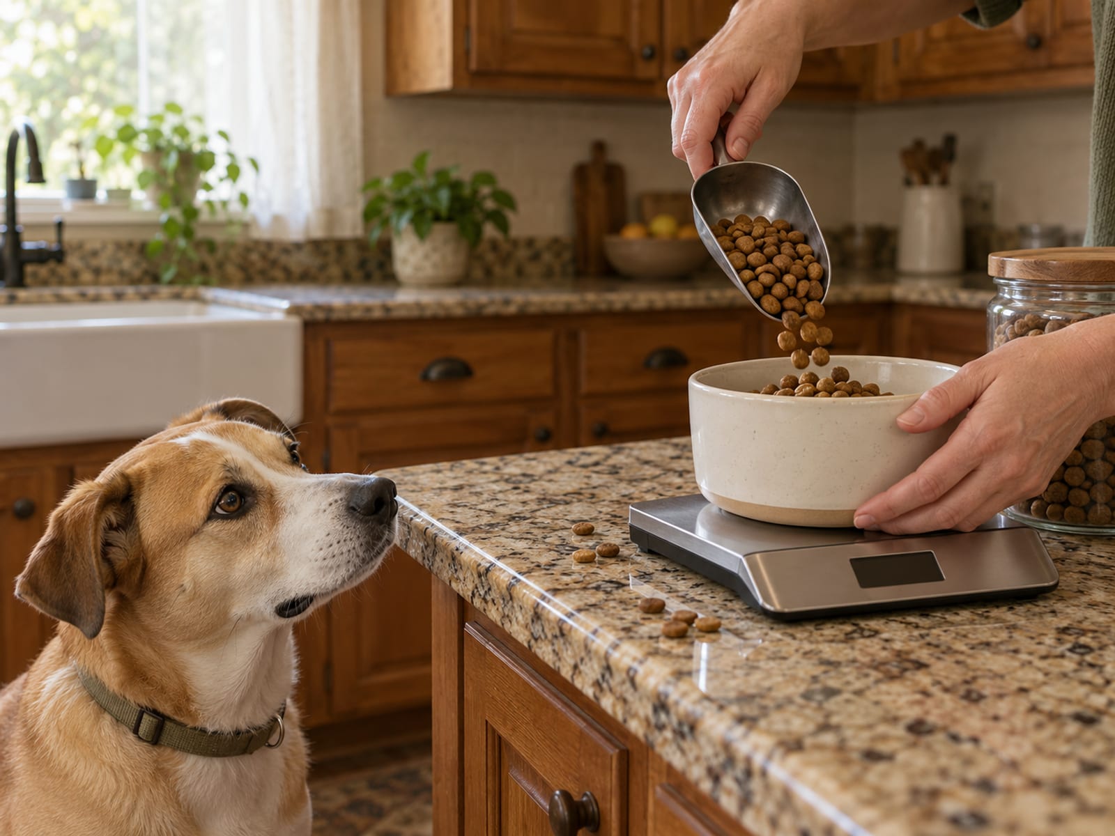 Unas manos sirven croquetas en un cuenco sobre una balanza de cocina, mientras un perro de raza mixta espera cerca