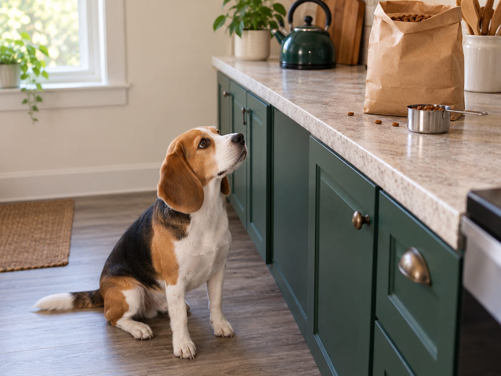Bolsa de croquetas lisa, sin etiqueta, y taza medidora sobre el mostrador de una cocina, con un Beagle tricolor sentado en el piso mirando hacia arriba