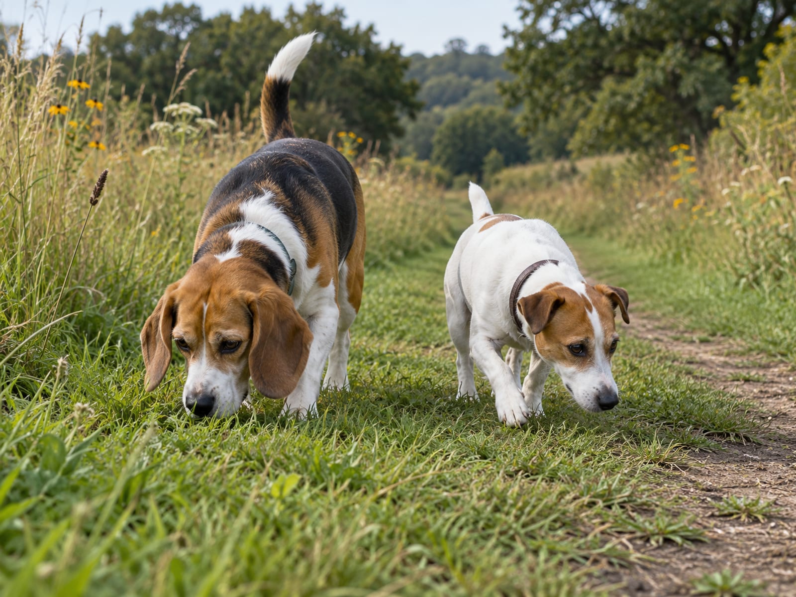 Un Beagle tricolor y un Jack Russell terrier blanco y canela olfatean el suelo a lo largo de un sendero cubierto de pasto