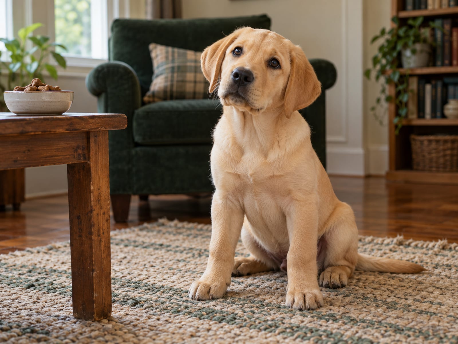Cachorro de labrador retriever amarillo sentado sobre una alfombra de la sala, mirando hacia arriba, con un cuenco pequeño de premios sobre una mesita auxiliar