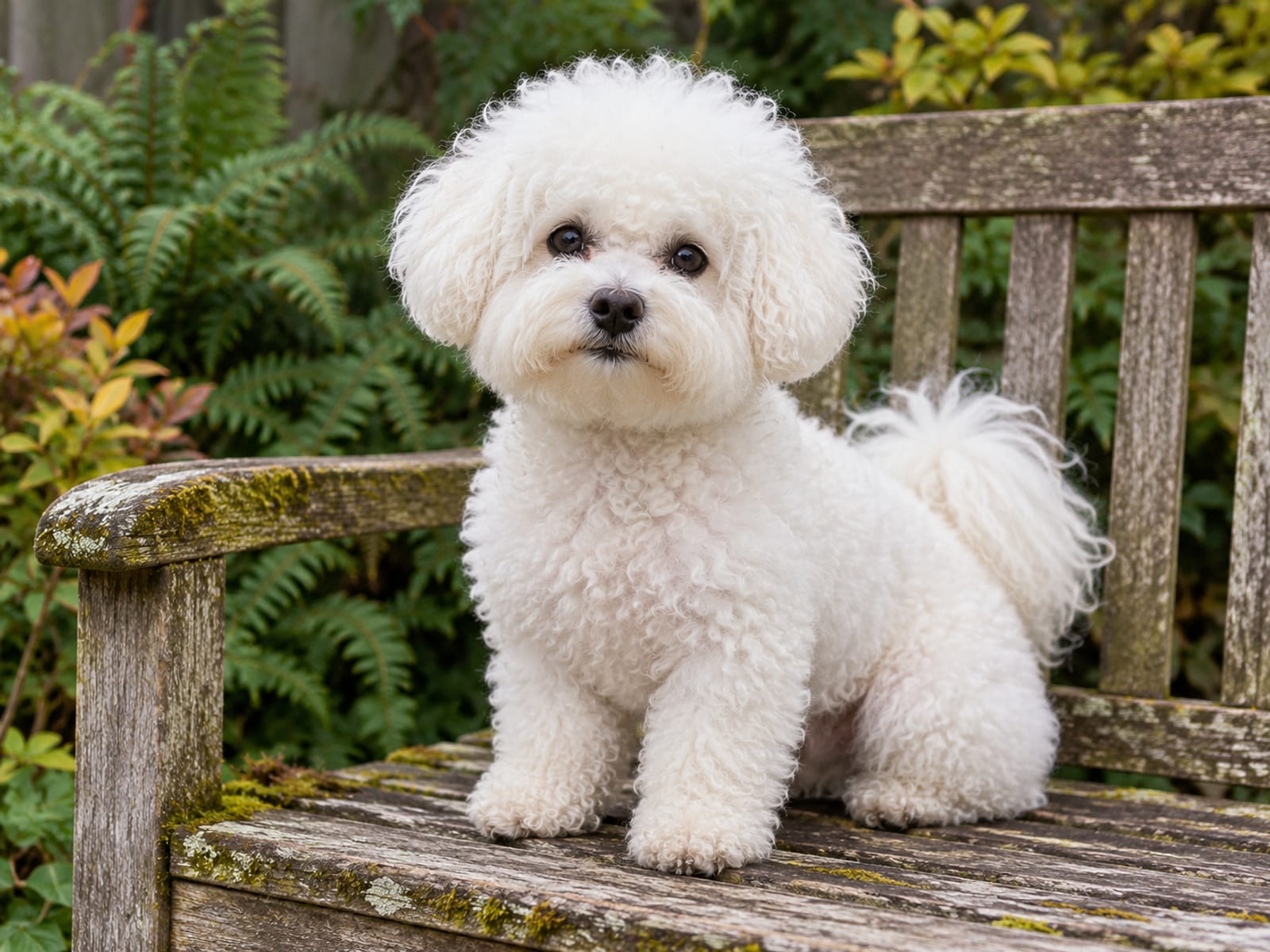 Bichón Frisé blanco sentado en un banco de jardín, con pelaje voluminoso como una borla de polvo y ojos oscuros y redondos