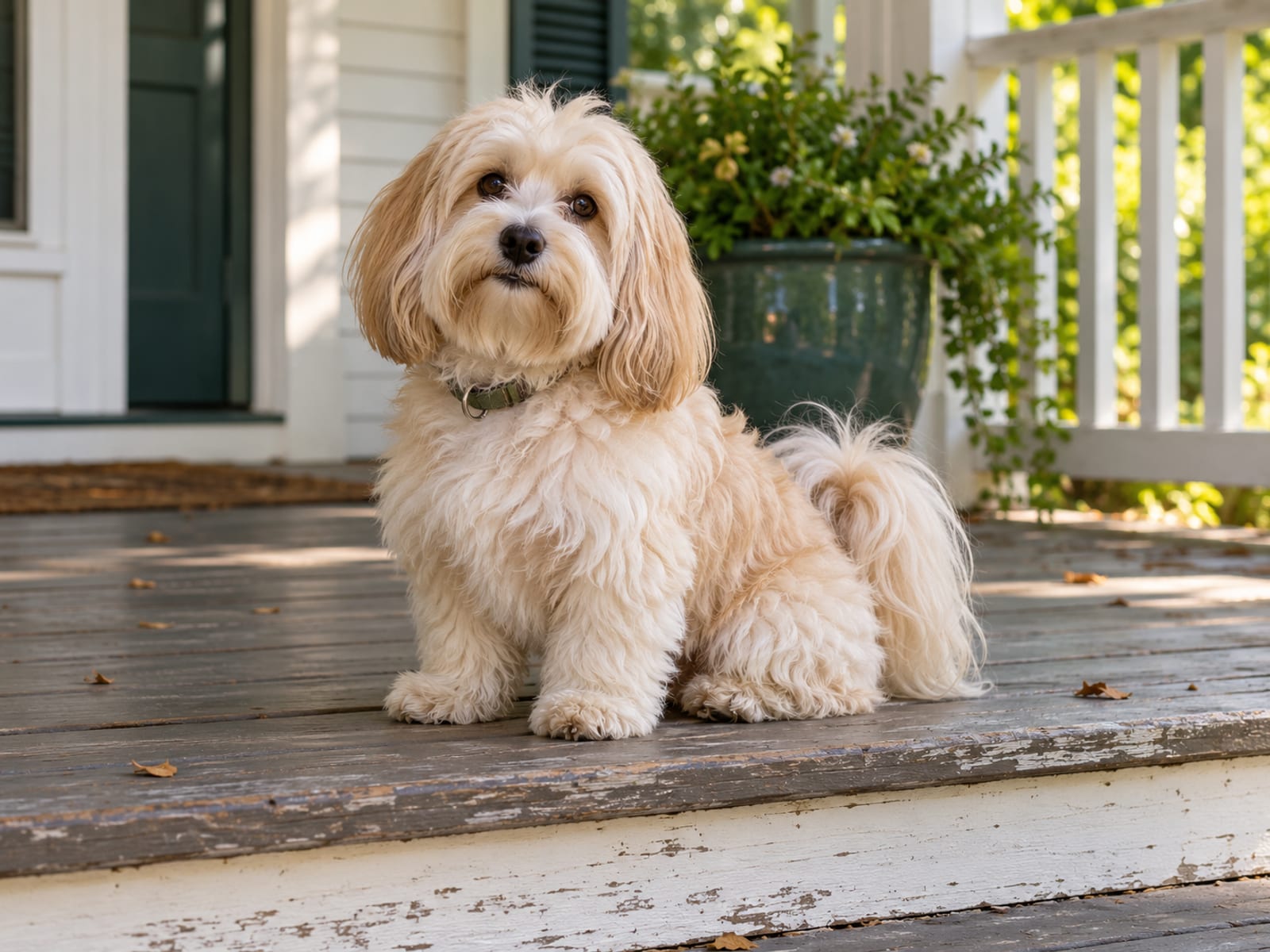 Havanese color crema con pelaje ondulado, sentado en un escalón del porche con las orejas sueltas bajo la luz suave del día