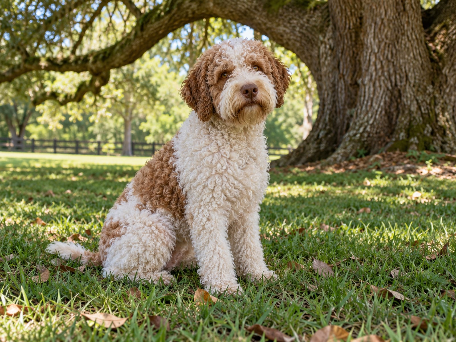 Lagotto Romagnolo blanco y naranja, con pelaje denso y rizado, sentado bajo un roble sobre el césped