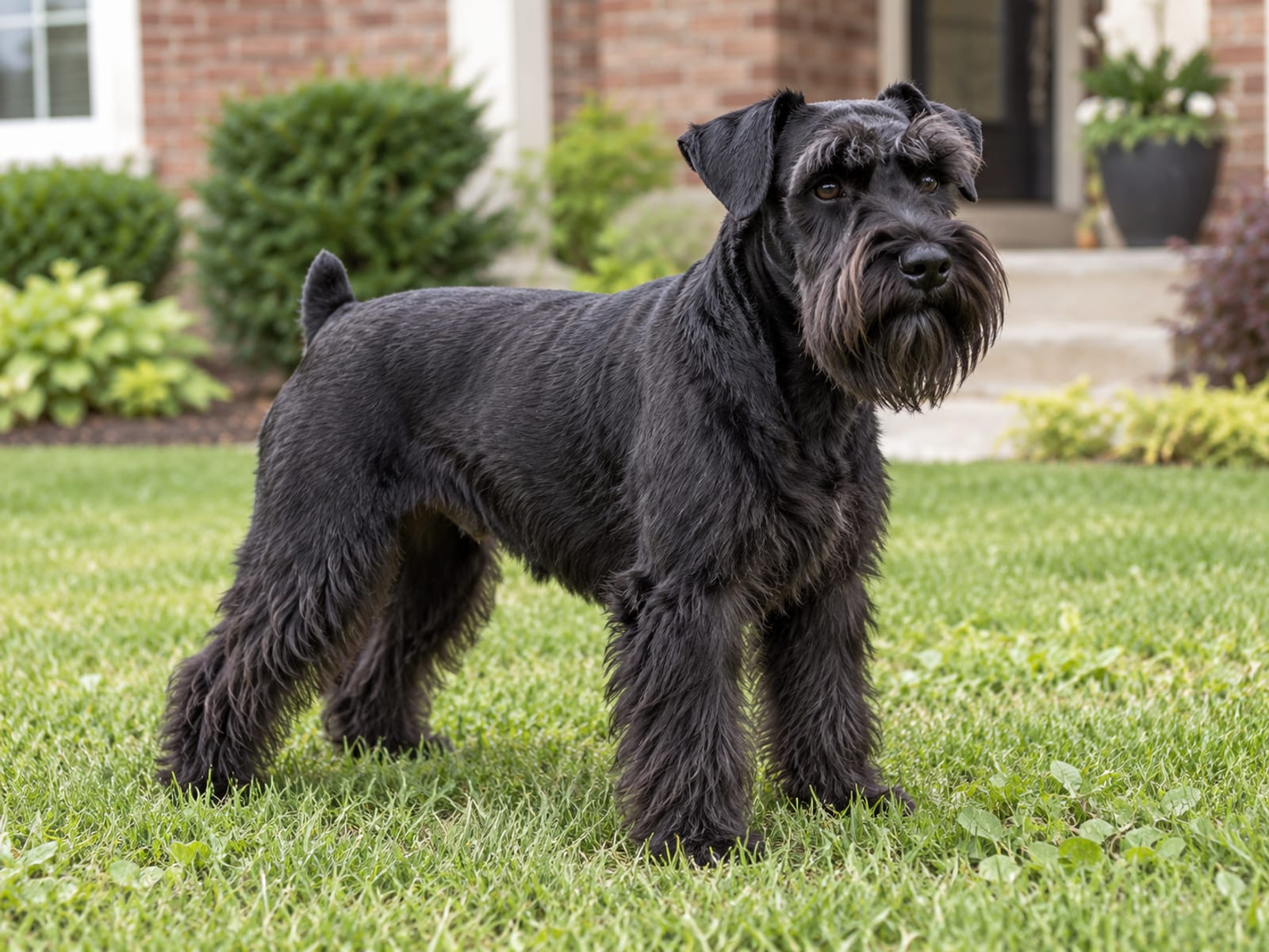 Schnauzer miniatura negro con barba y cejas recortadas, de pie sobre el césped del frente de una casa, con pelaje duro