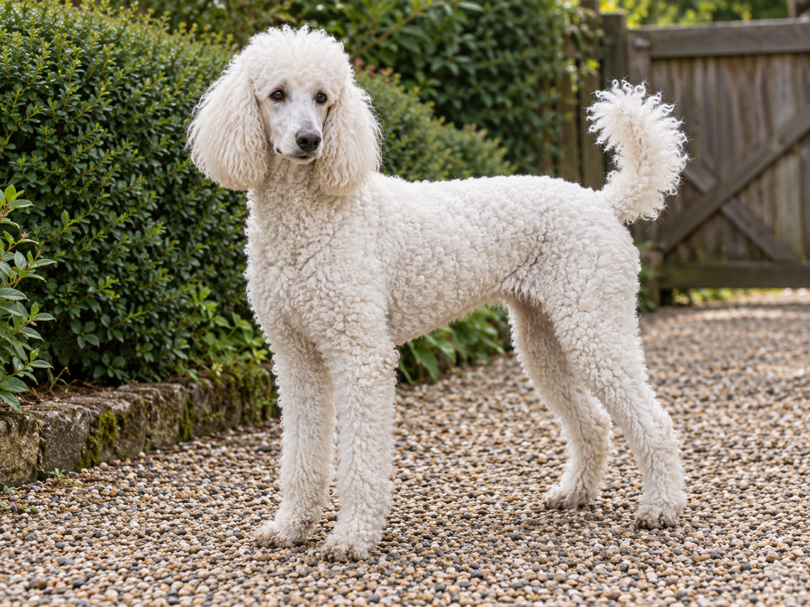 Caniche estándar blanco con un corte natural rizado, de pie en un camino de jardín, con el pelaje rizado bien visible