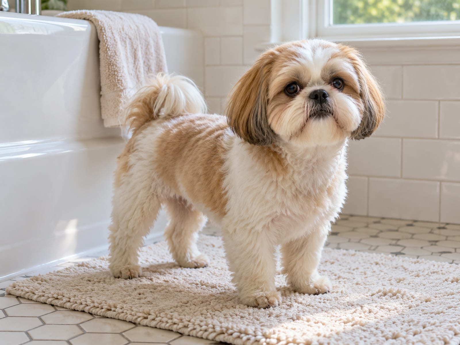 Shih Tzu blanco y dorado con un corte corto de cachorro, de pie sobre la alfombrilla del baño después de bañarse, con el pelaje seco y esponjoso