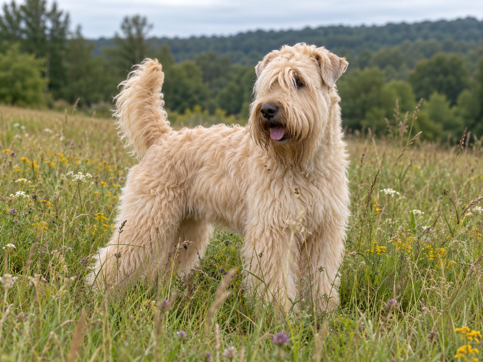 Soft Coated Wheaten terrier de pelaje sedoso y ondulado color trigo, de pie en un prado, con barba y el pelo cayéndole sobre los ojos