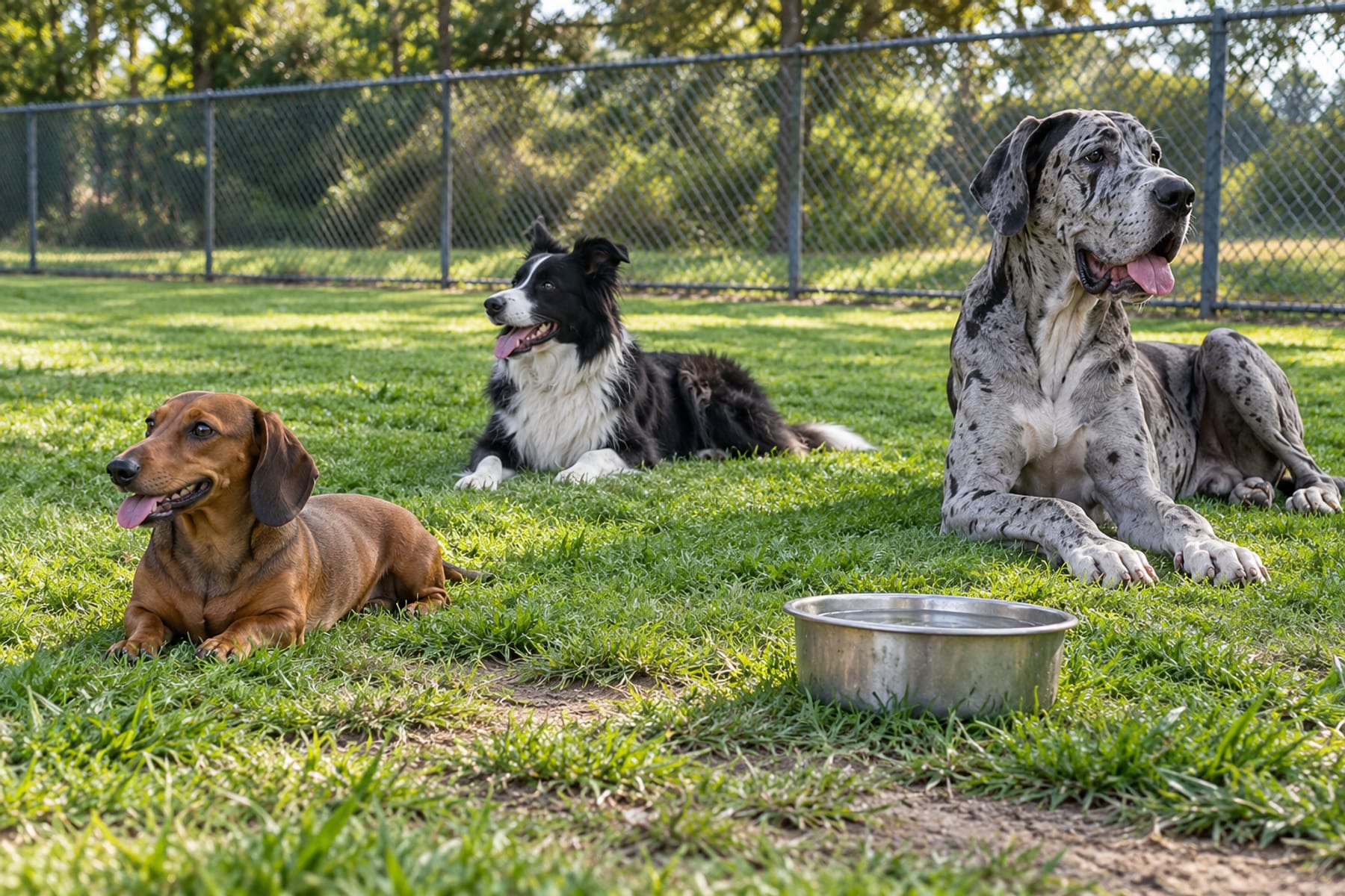 Salchicha, Border Collie y gran danés descansando en zonas de césped separadas en un parque para perros con cerca