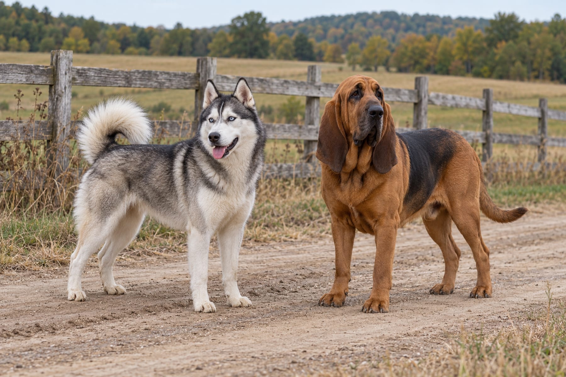 Siberian Husky y sabueso de pie en un camino de tierra de granja, con una cerca de madera detrás de ellos