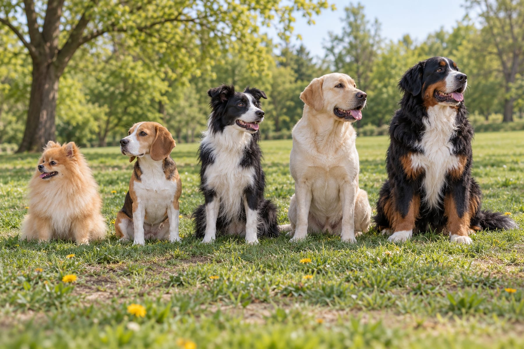 Pomeranian, Beagle, Border Collie, Labrador y boyero de Berna sentados en fila sobre el césped de un parque