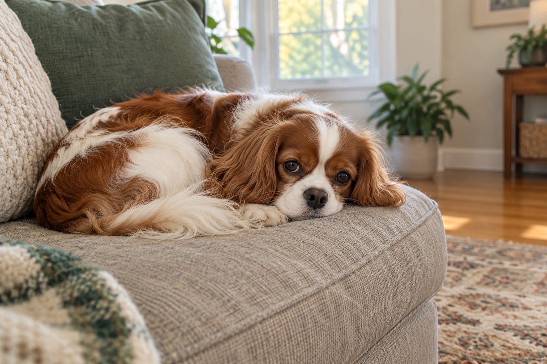 Cavalier King Charles Spaniel enroscado en un cojín del sofá en una sala tranquila con luz de tarde por la ventana