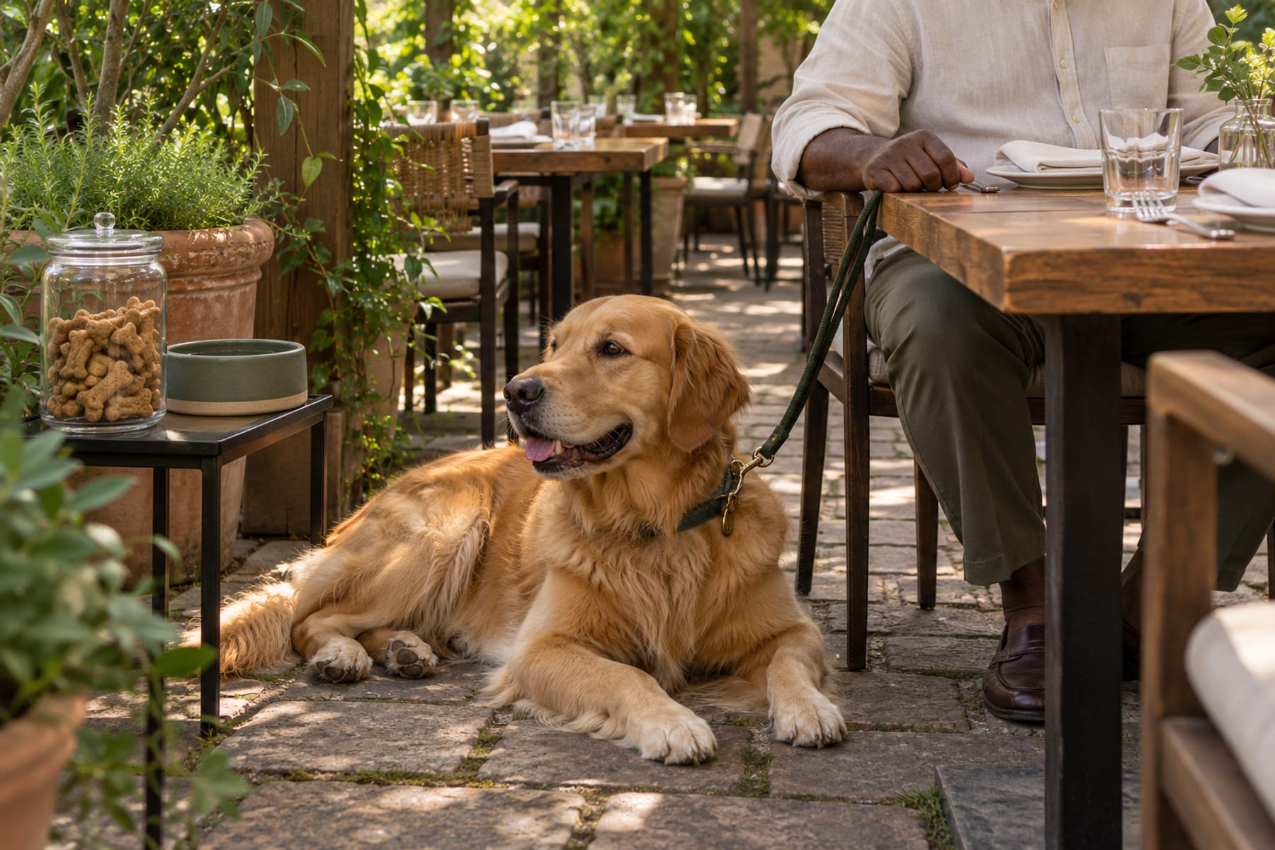 Golden Retriever echado en el patio junto a una mesa, con la correa sostenida por un hombre mayor sentado