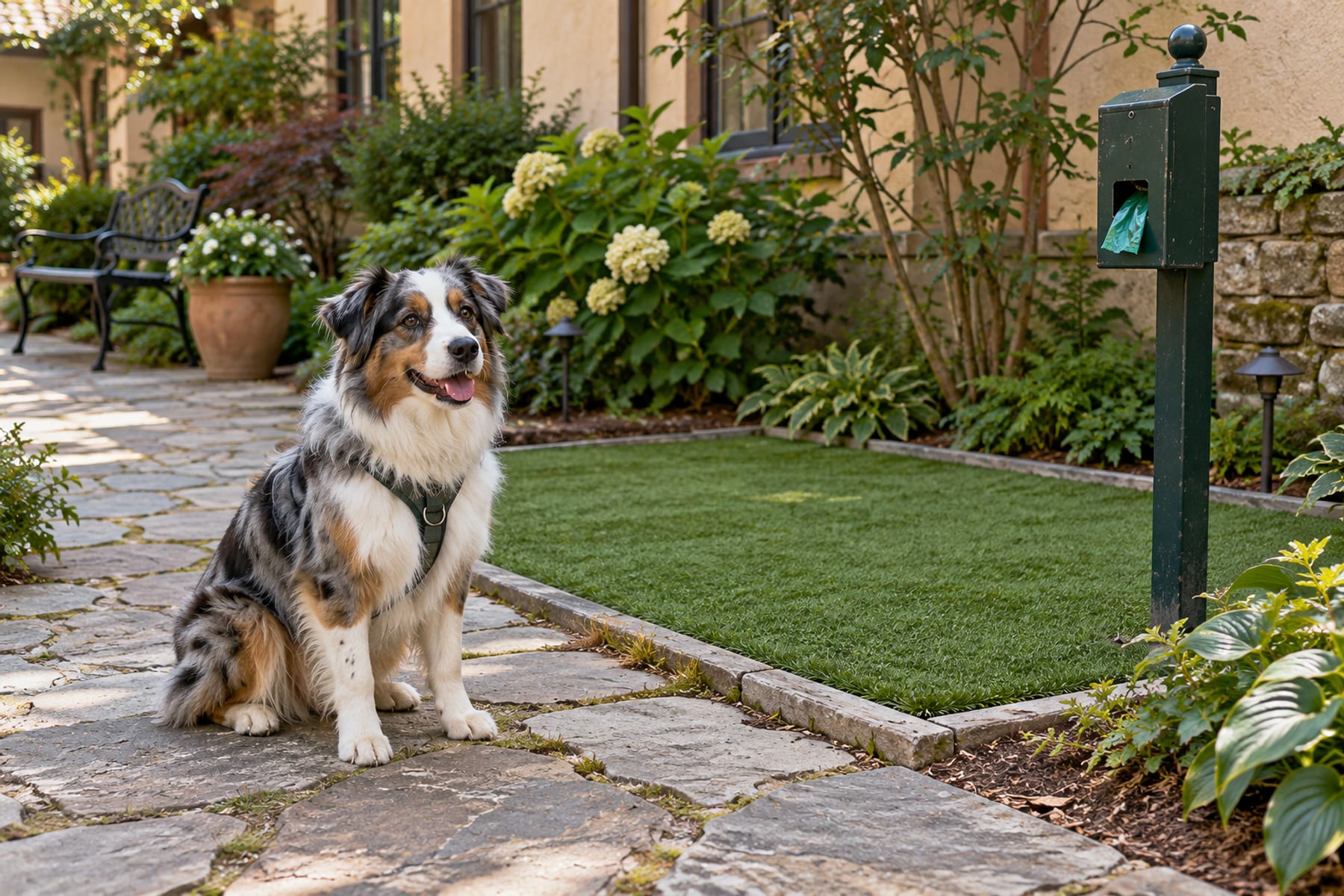 Australian Shepherd sentado en un patio de posada junto a una zona canina de pasto sintético y un dispensador de bolsas