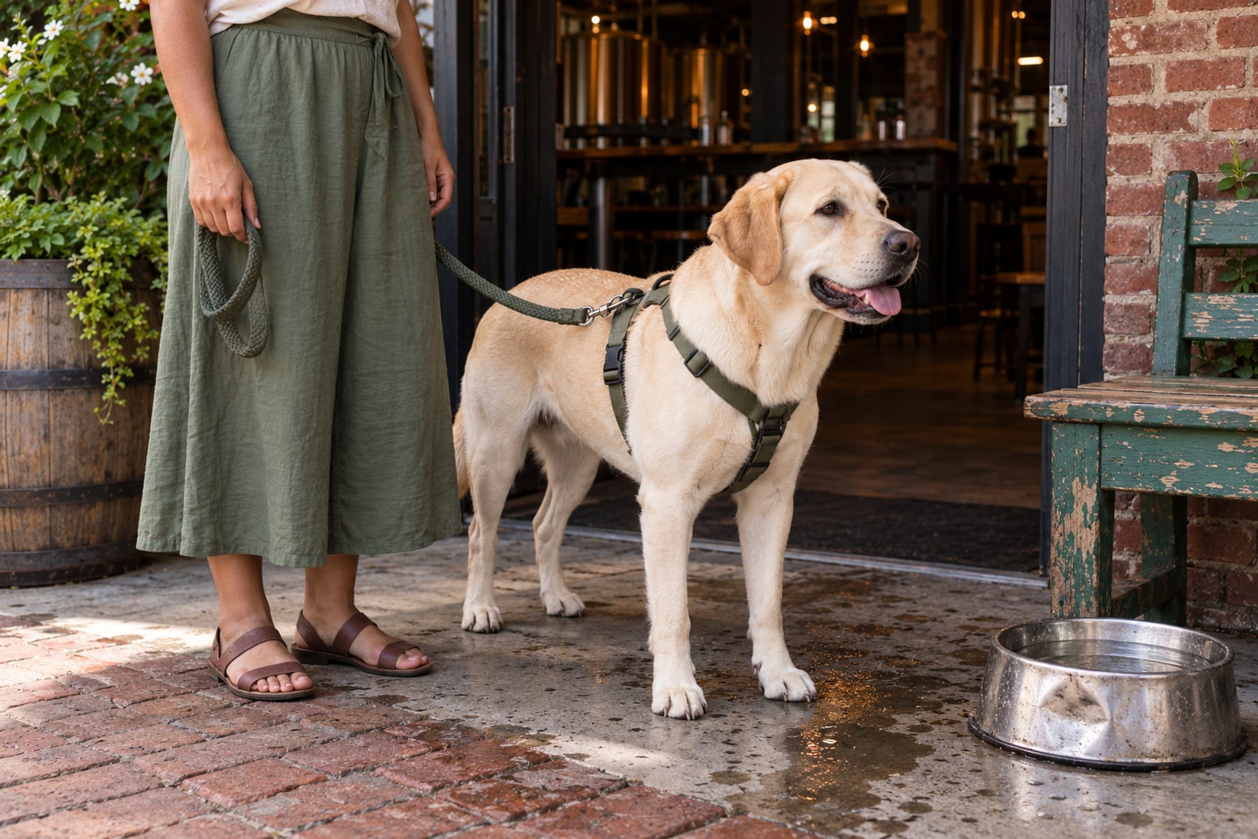 Labrador de pie en un patio de cervecería, con correa de una mujer vista de cintura para abajo, junto a un bebedero canino