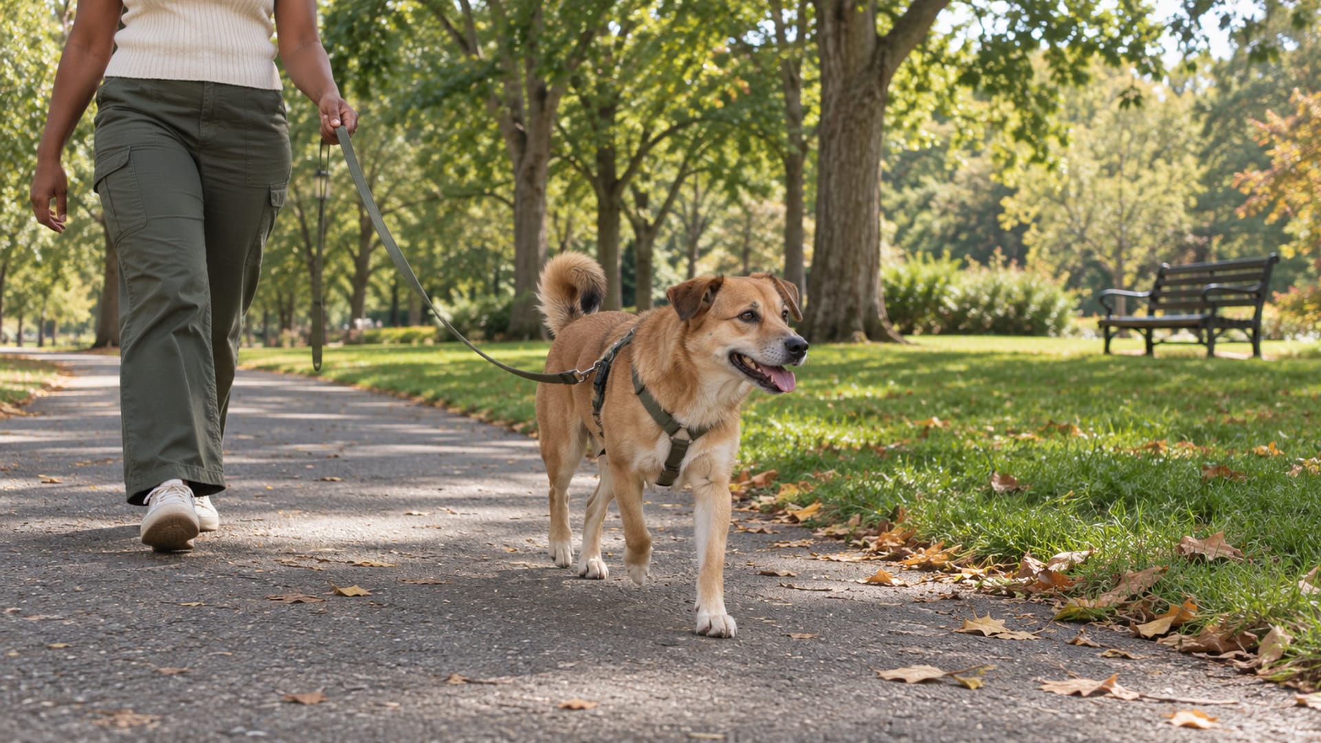 Mujer paseando un perro mestizo color canela con correa por un sendero de parque urbano bordeado de árboles