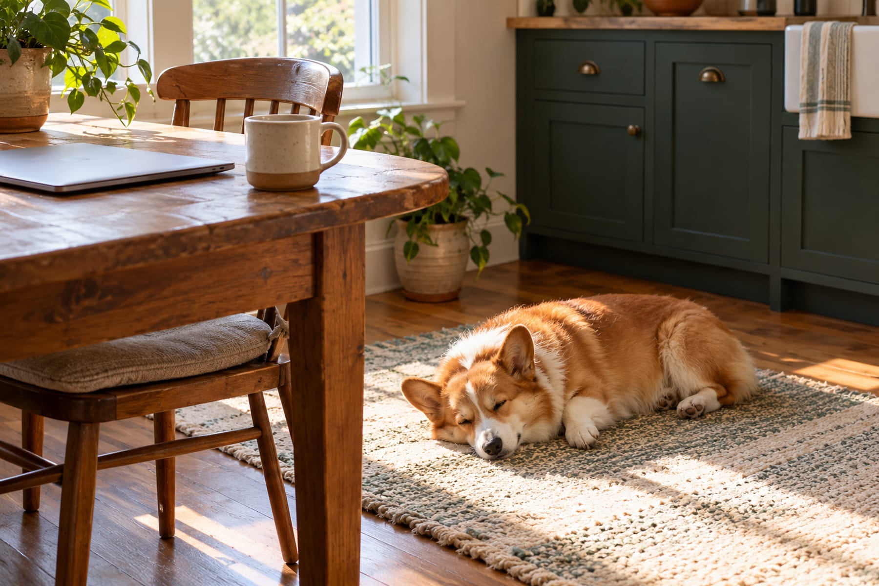 Corgi dormido en una alfombra con luz de ventana, junto a una mesa de cocina con laptop cerrada y taza de café