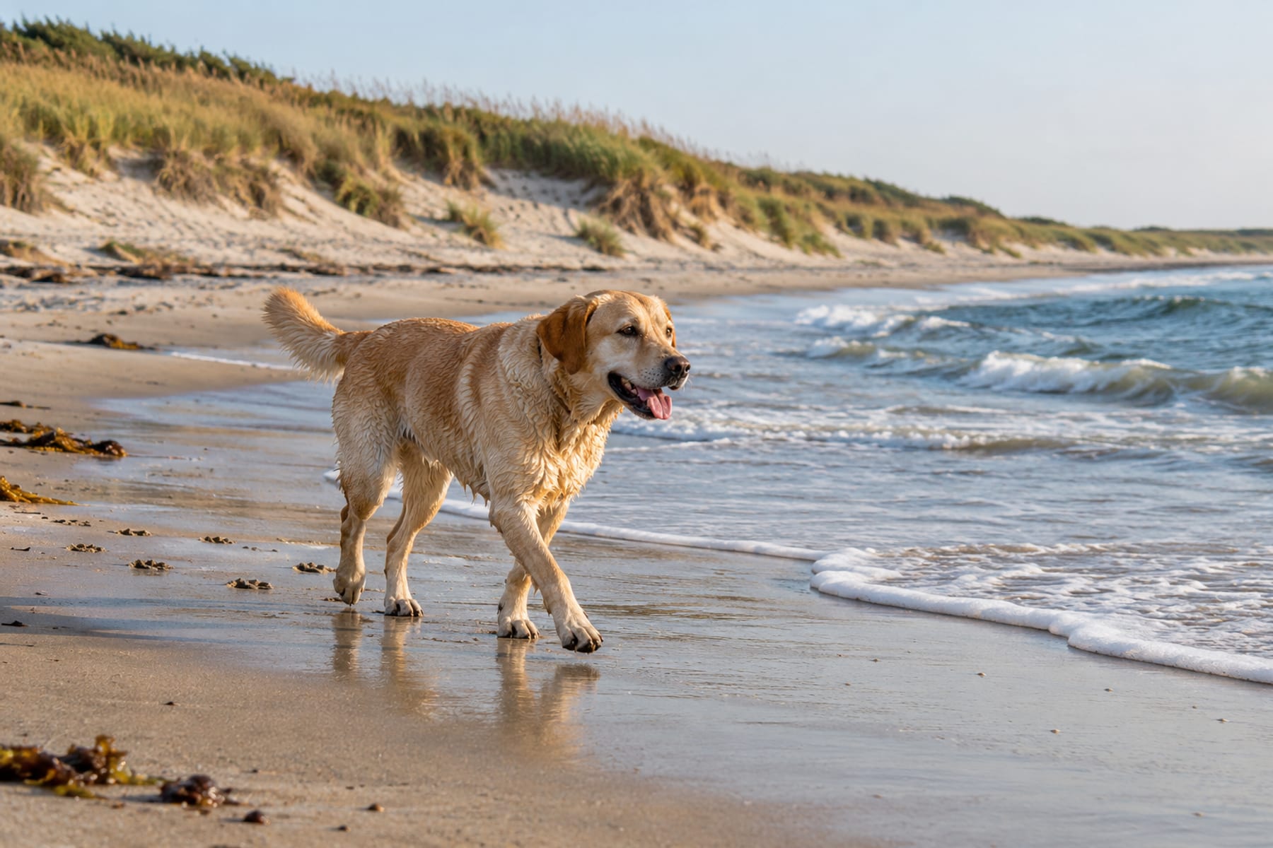 Mestizo de Labrador con las patas y la parte baja del pelaje mojadas, caminando a la orilla de una playa con dunas detrás