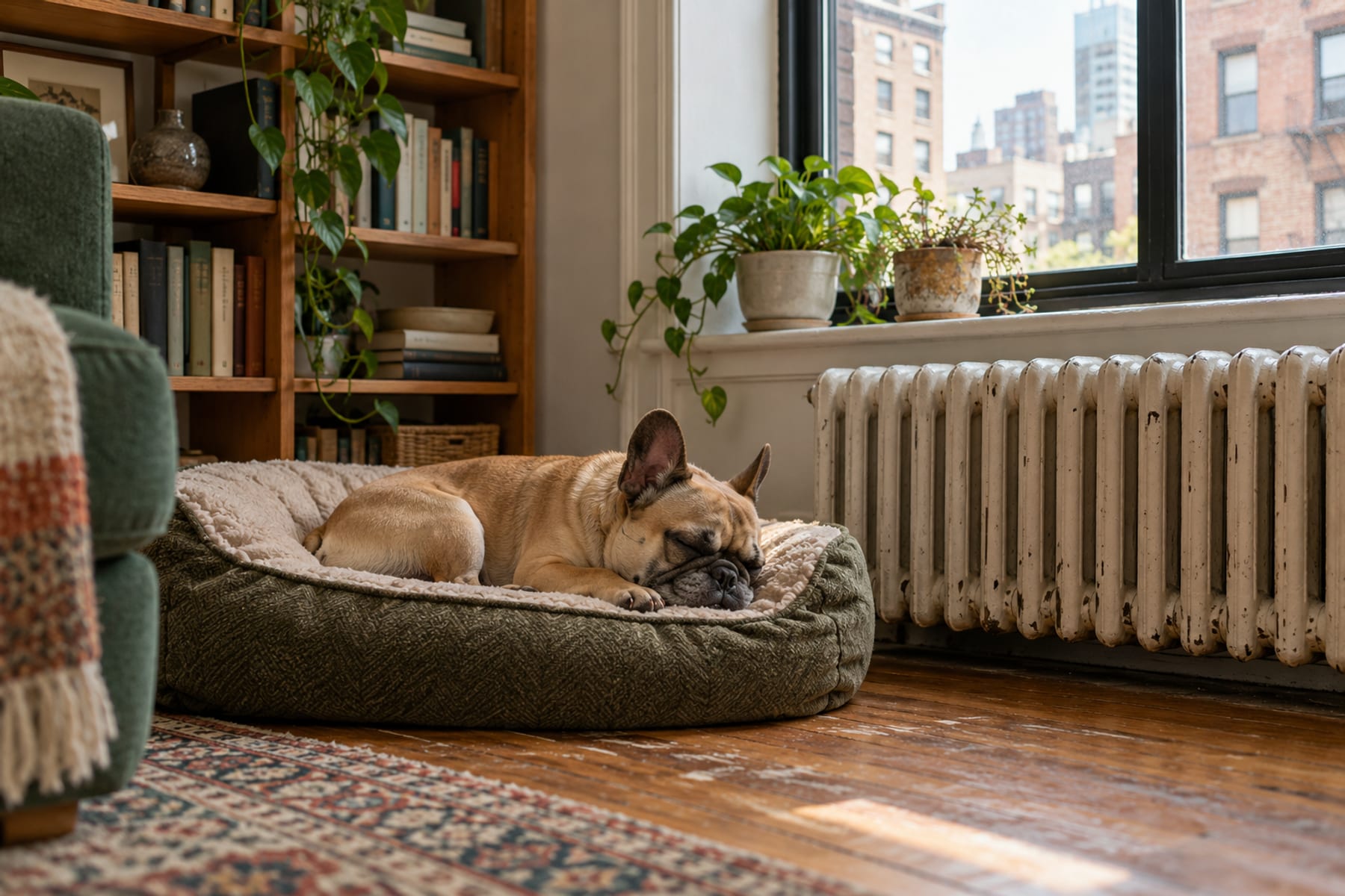 Bulldog francés pequeño dormido en una cama de perro junto a la ventana, en un apartamento compacto con radiador y librero