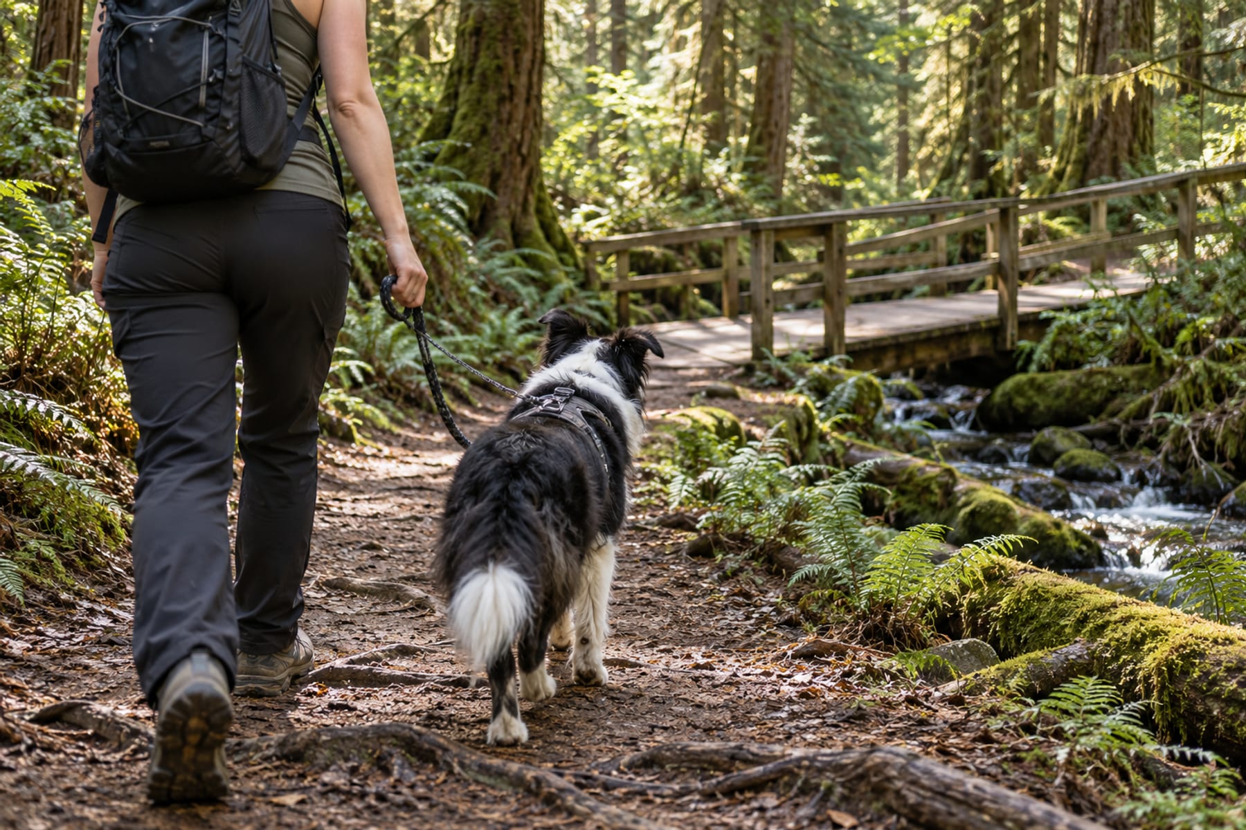 Woman hiker with a daypack, seen from behind, walking a Border Collie on a leash on a forest trail near a wooden bridge