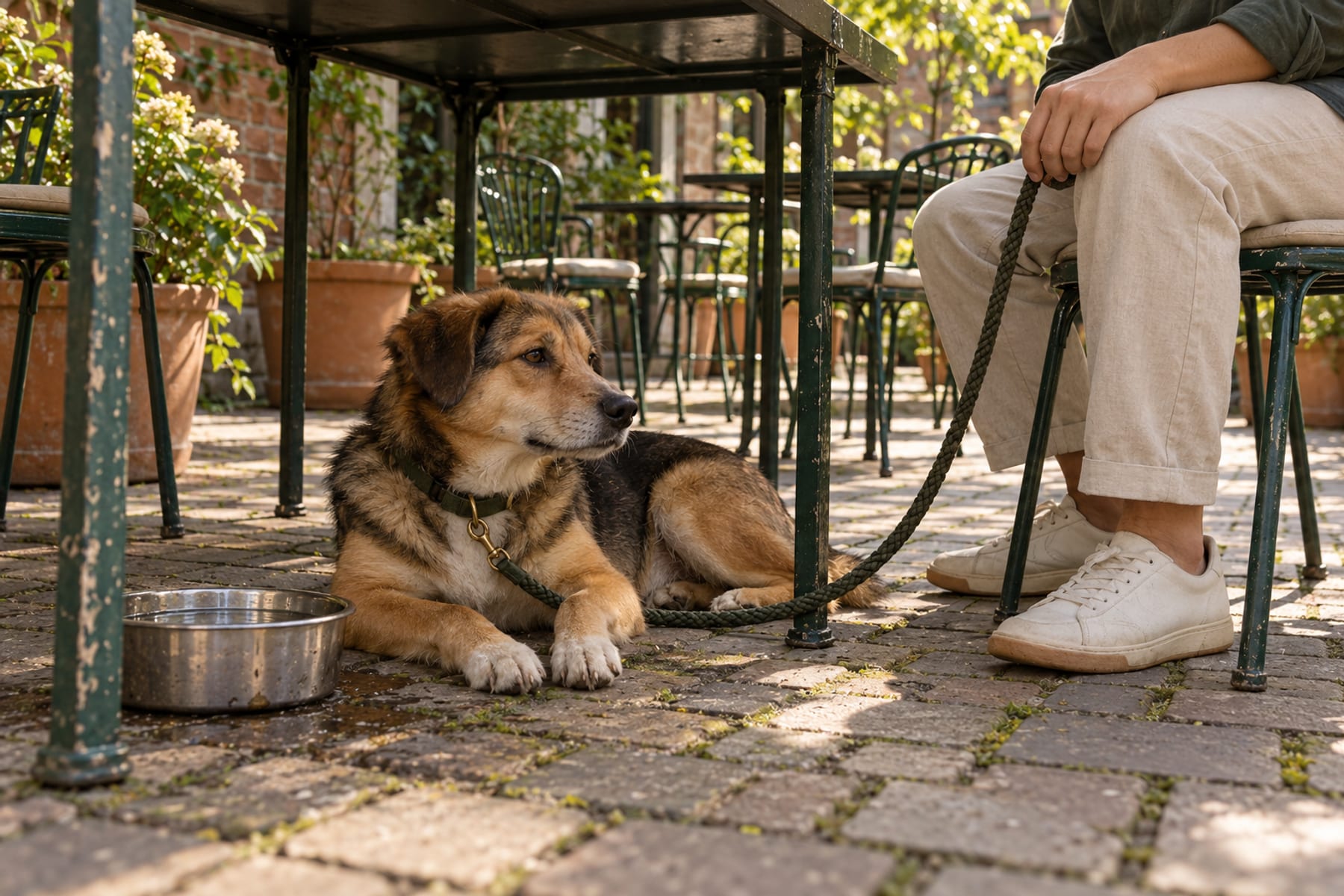 Mixed-breed dog lying under a metal patio table beside a water bowl, its leash held by a seated man