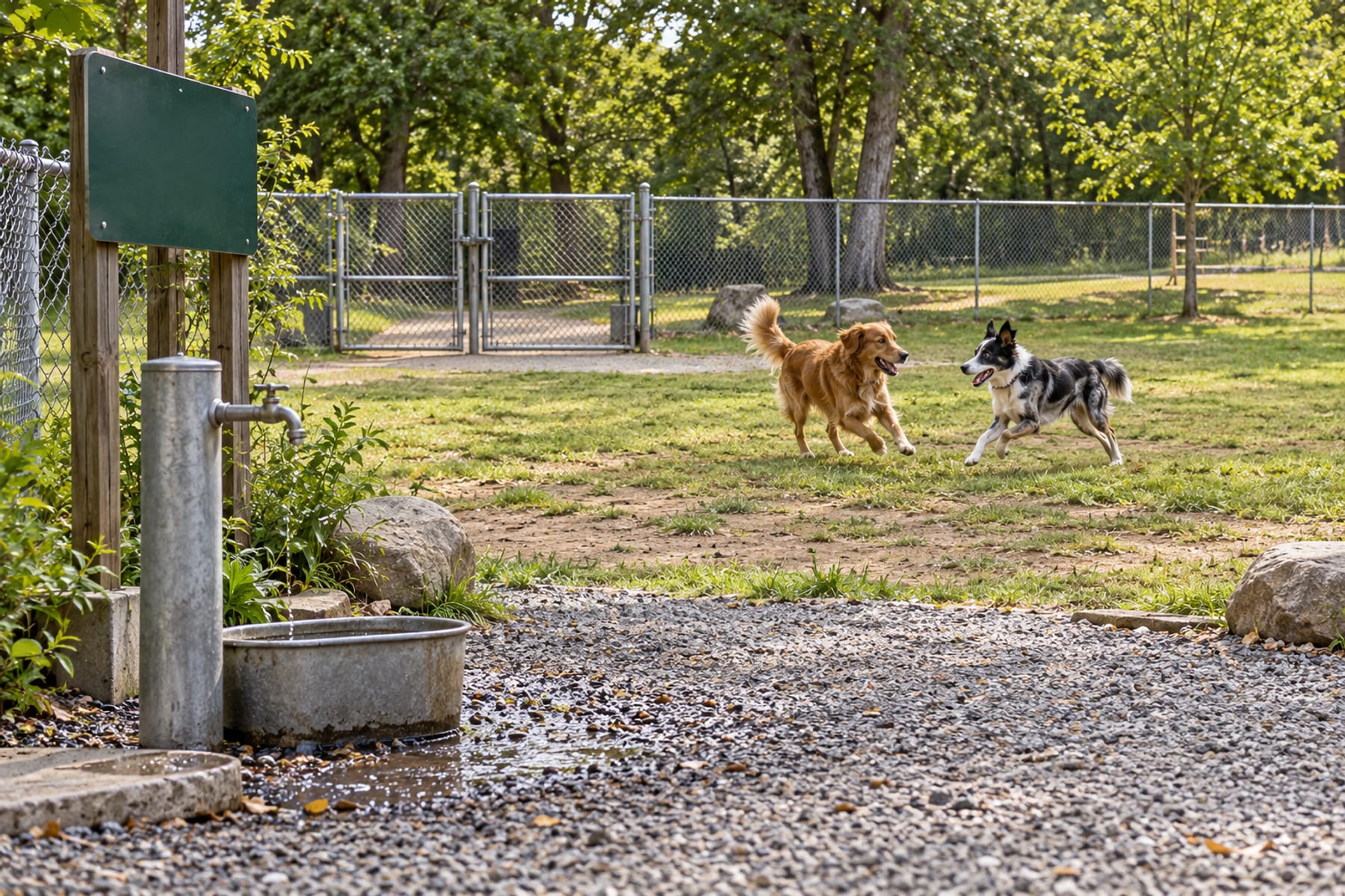 Two dogs playing on grass in a fenced off-leash dog park with a double-gated entry and a water station