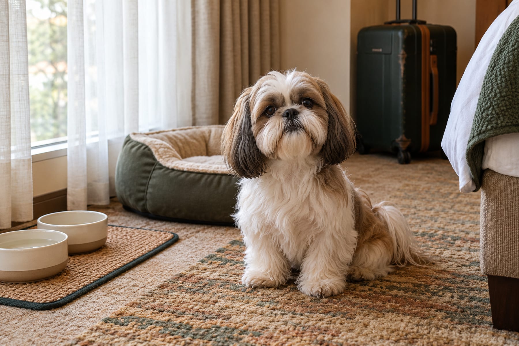 Shih Tzu sitting on a rug at the foot of a dog bed in a hotel room with two bowls on a mat by the window