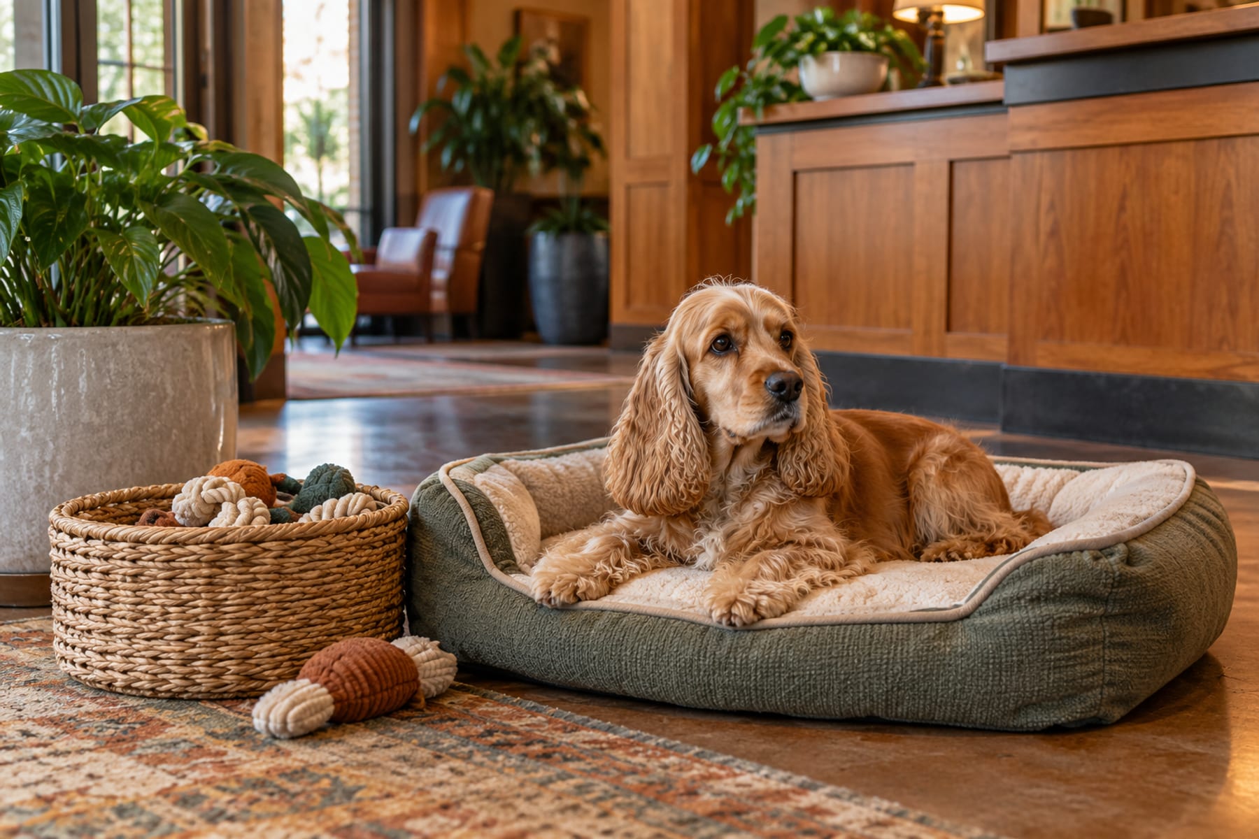 Cocker Spaniel echado en una cama de perro en el lobby de un hotel boutique, junto a una canasta de juguetes, con madera cálida y plantas