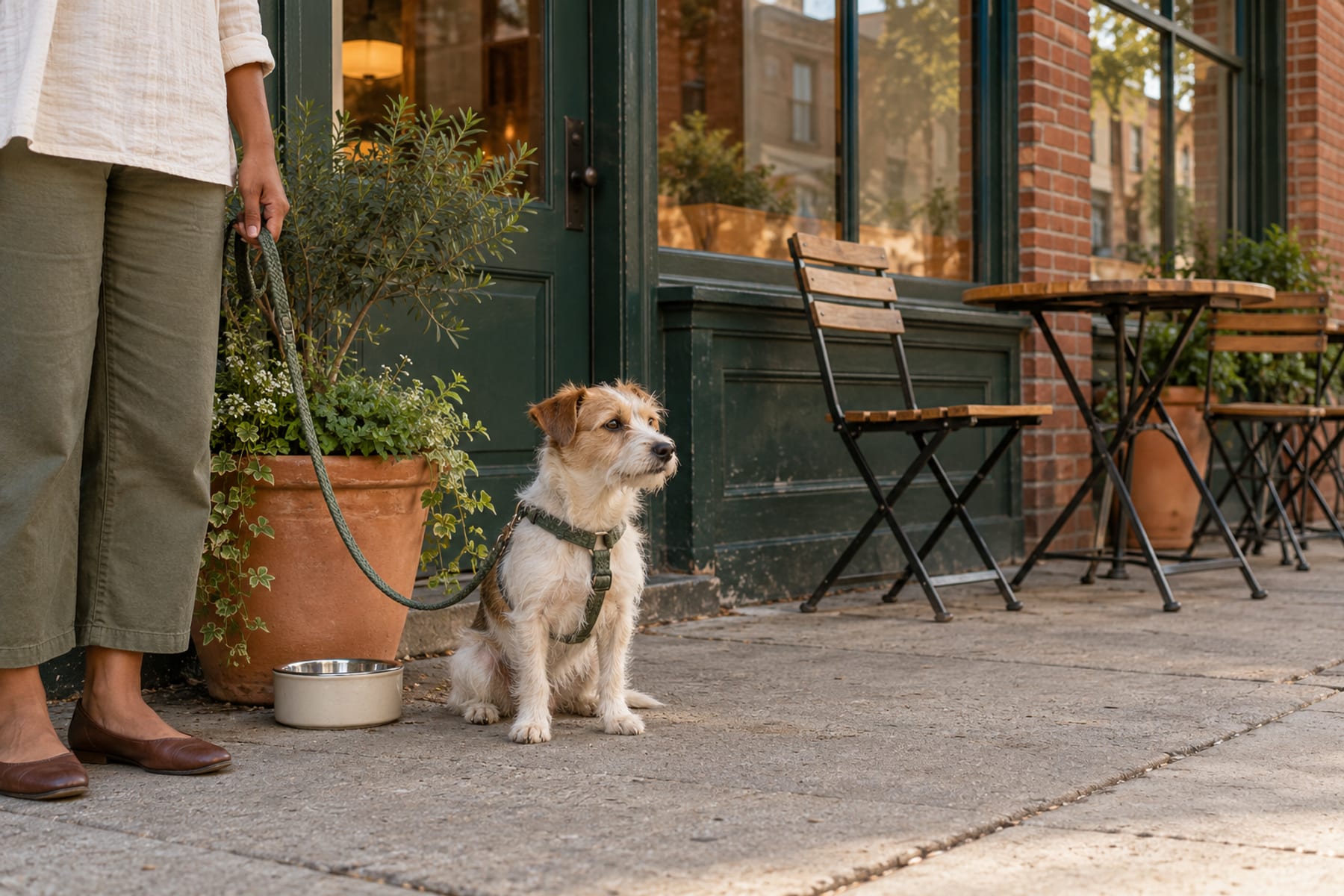 Mestizo de terrier sentado junto a una jardinera afuera de una cafetería, con correa de una mujer de pie a su lado