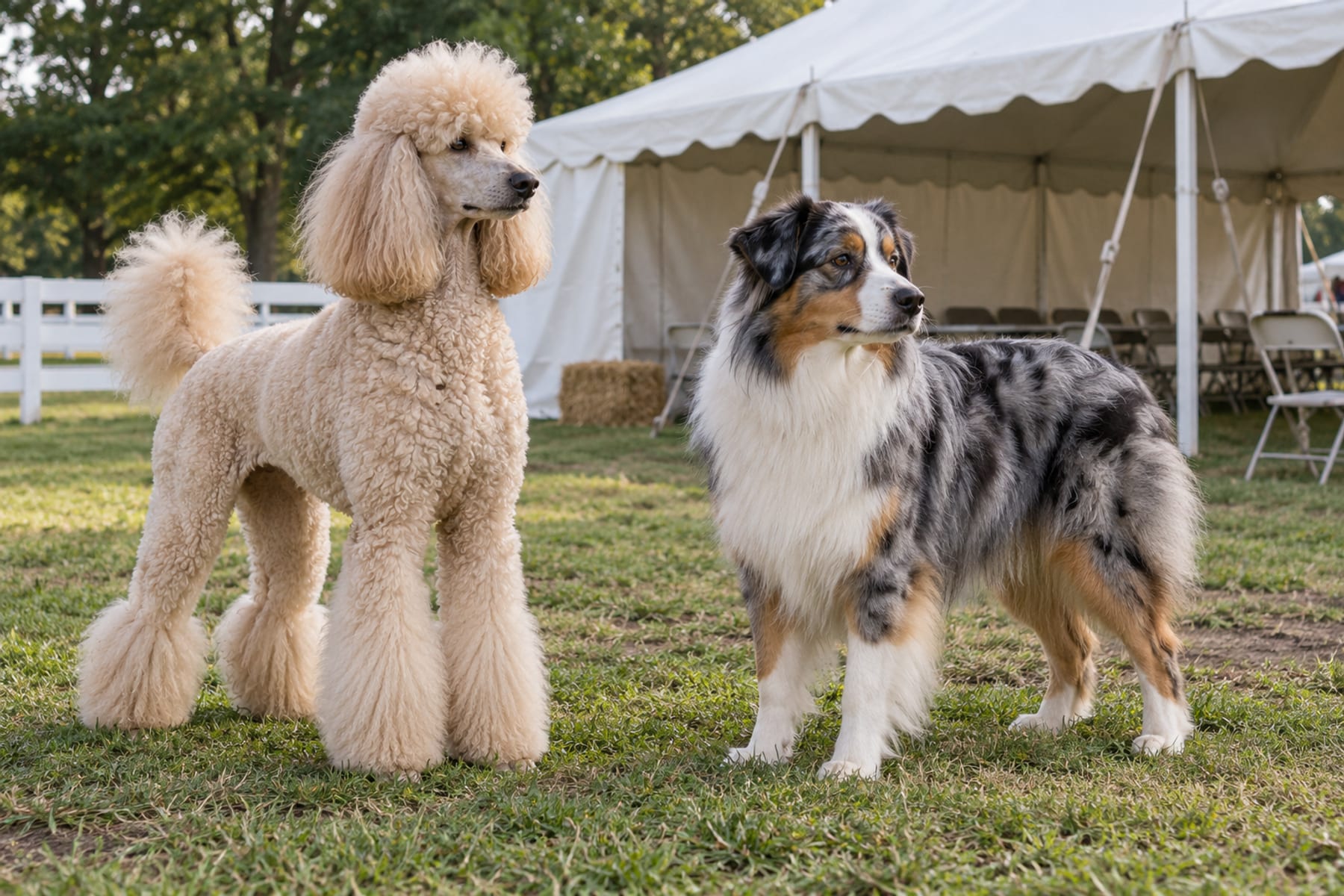 Caniche estándar arreglado y Australian Shepherd de pie en el pasto de una feria del condado, con una carpa blanca detrás