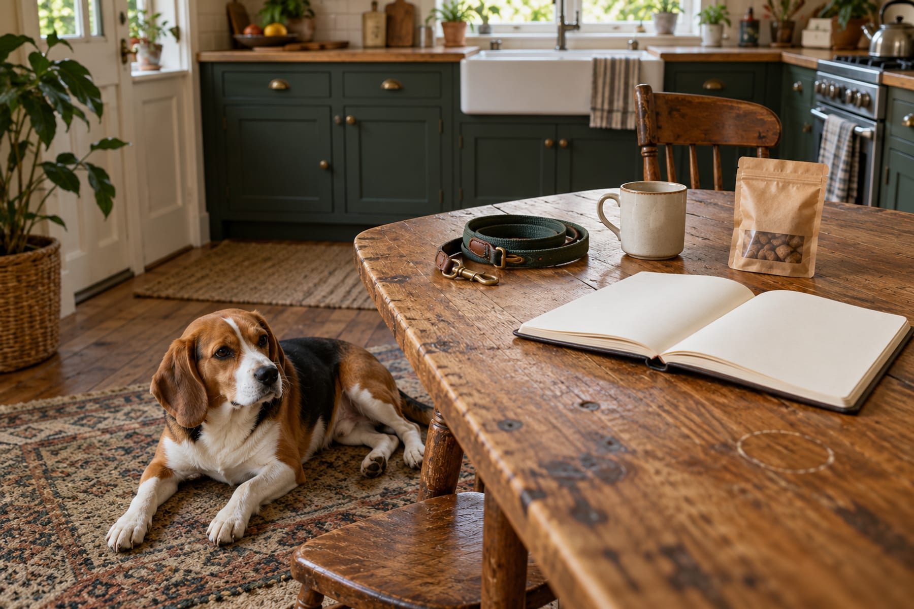 Mesa de cocina: libreta abierta en blanco, correa, bolsa de premios sin etiqueta, taza y Beagle en el piso junto a la silla