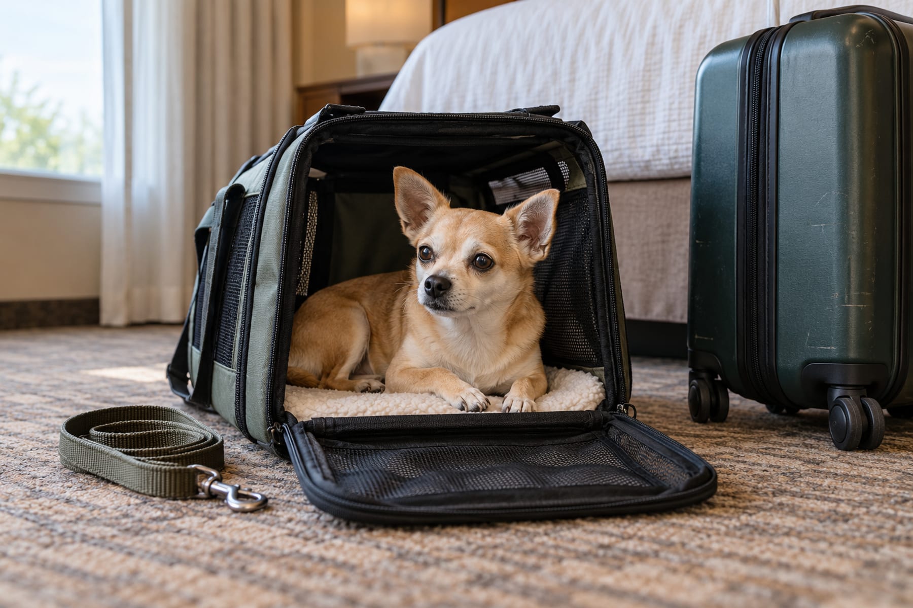 Chihuahua mestizo descansando en transportadora abierta junto a una maleta rodante y correa doblada, en un cuarto de hotel