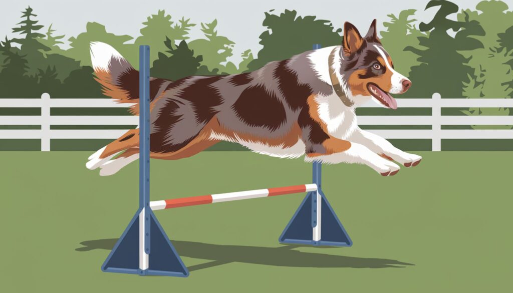 Vector illustration of an Australian Shepherd navigating an agility course