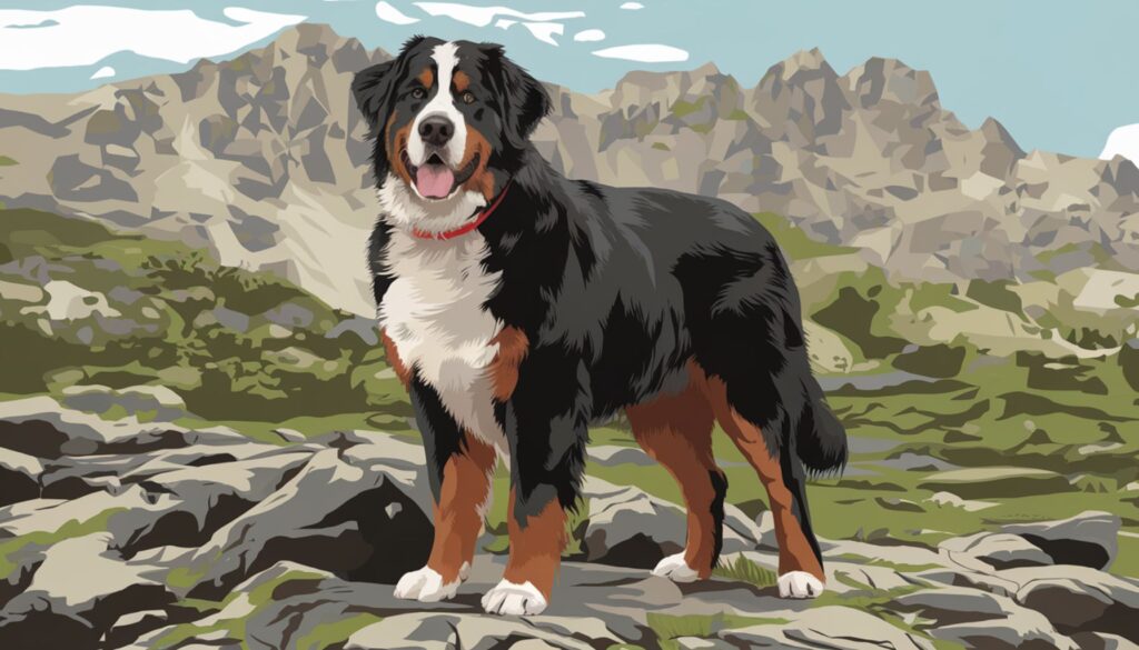 Vector illustration of a Bernese Mountain Dog in a mountain setting