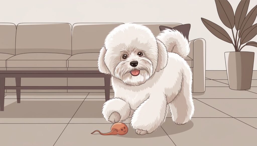 Vector illustration of a Bichon Frise playing in an apartment living room