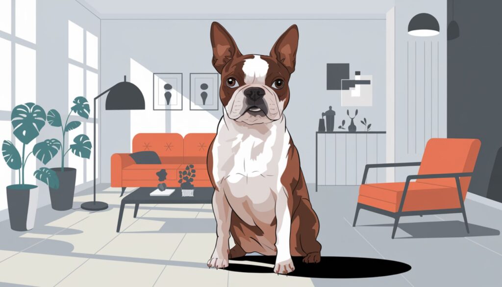 Vector illustration of a Boston Terrier in a chic urban apartment