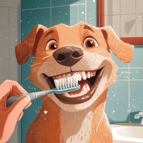 Dog getting teeth brushed by owner