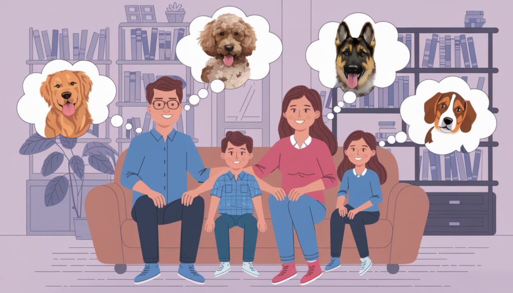 Vector illustration of a family considering different dog breeds