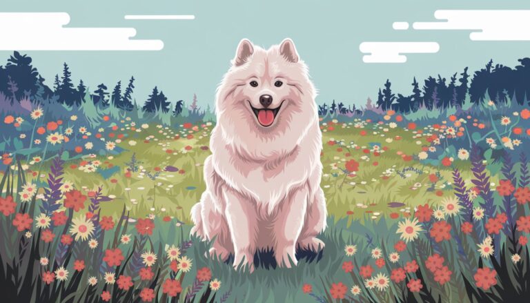 Fluffy dog breeds: A smiling Samoyed with its luxurious white coat sitting in a colorful meadow