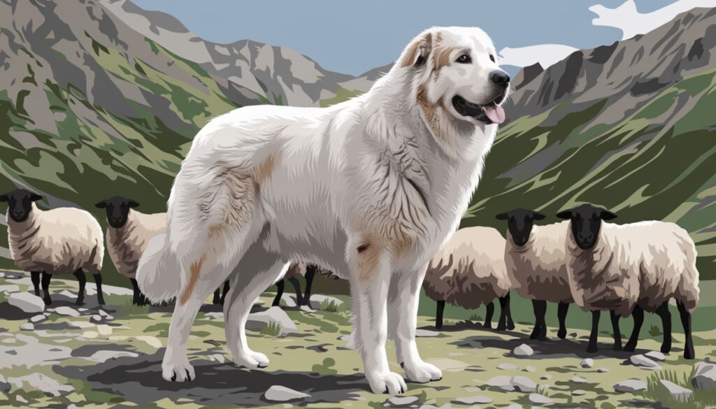 Vector illustration of a Great Pyrenees guarding sheep