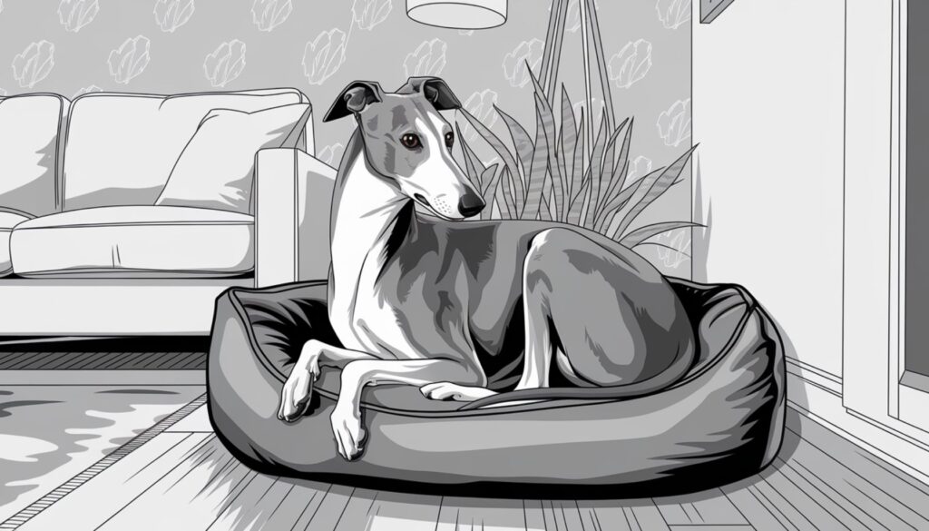 Vector illustration of a Greyhound comfortably resting in a small apartment space