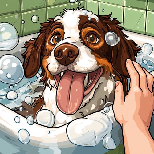 Dog enjoying a bath with bubbles everywhere