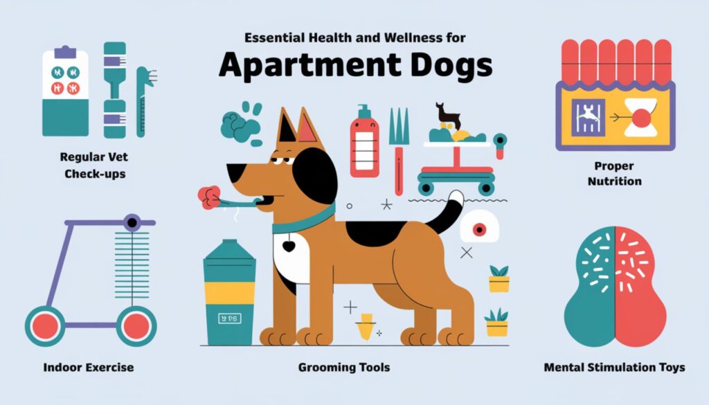 Vector illustration of essential health and wellness items for apartment dogs