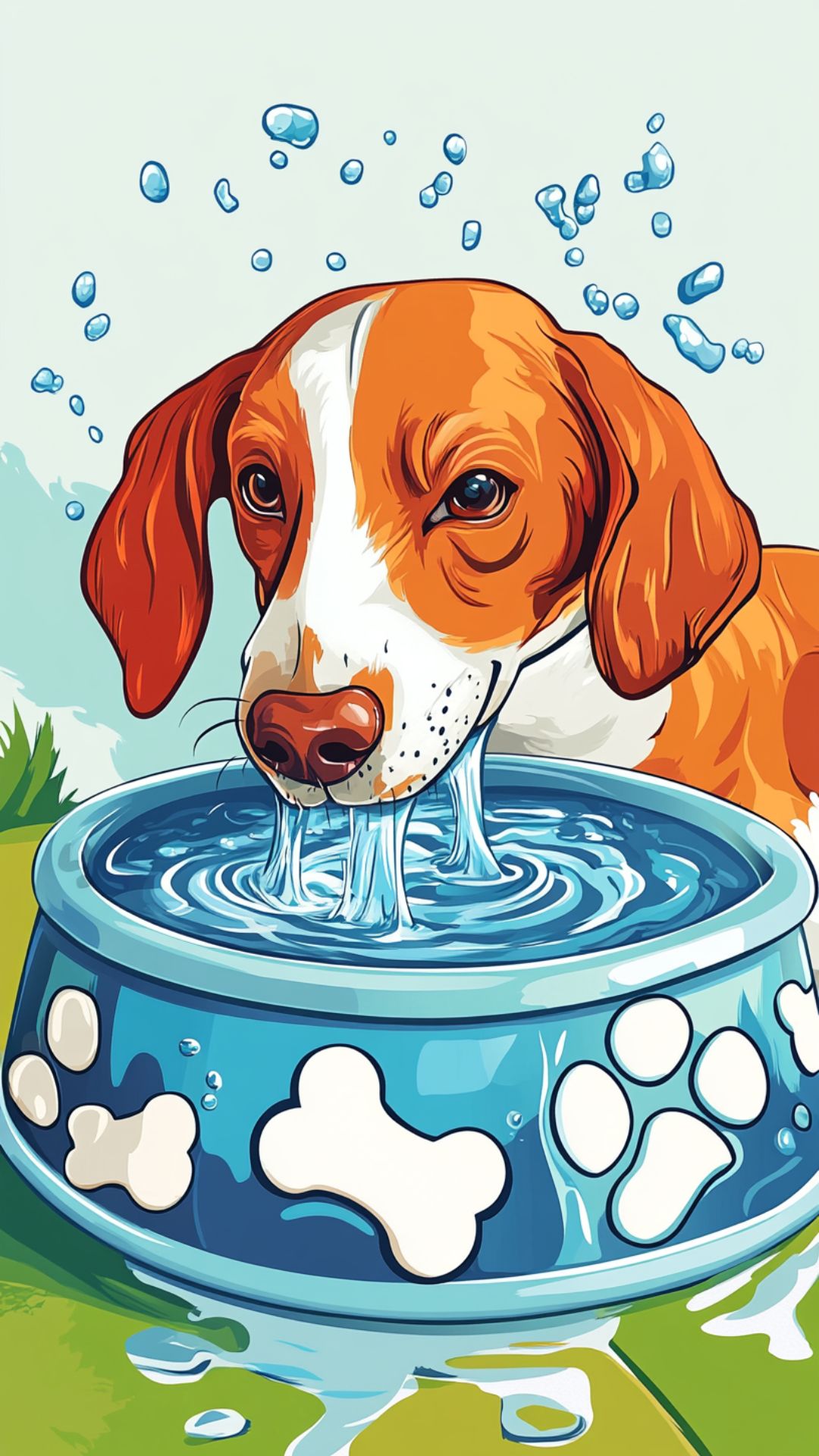 Dog drinking from a fun, oversized water bowl