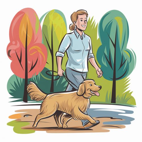 Cheerful person walking a happy dog