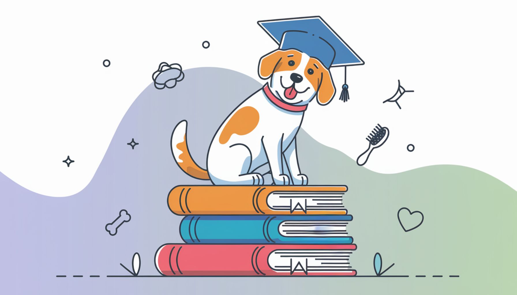 Dog sitting on a stack of books with a graduation cap