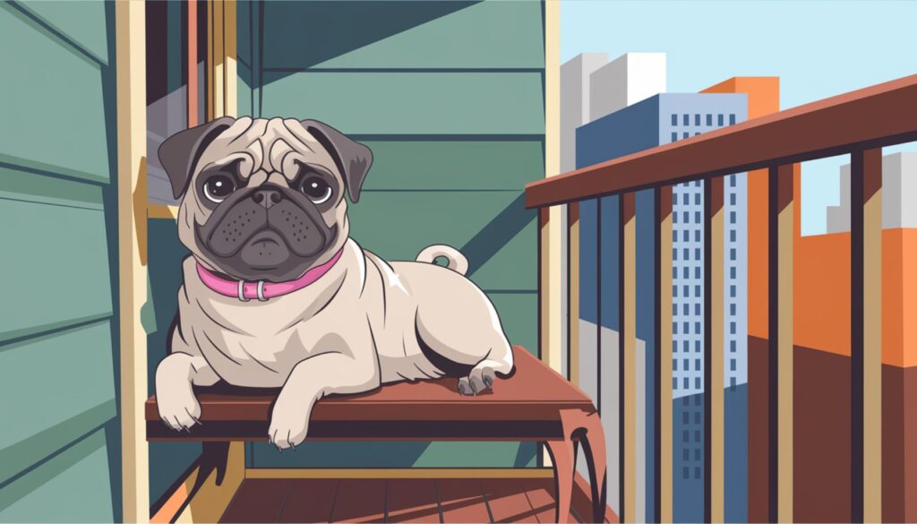 Vector illustration of a Pug relaxing on an apartment balcony