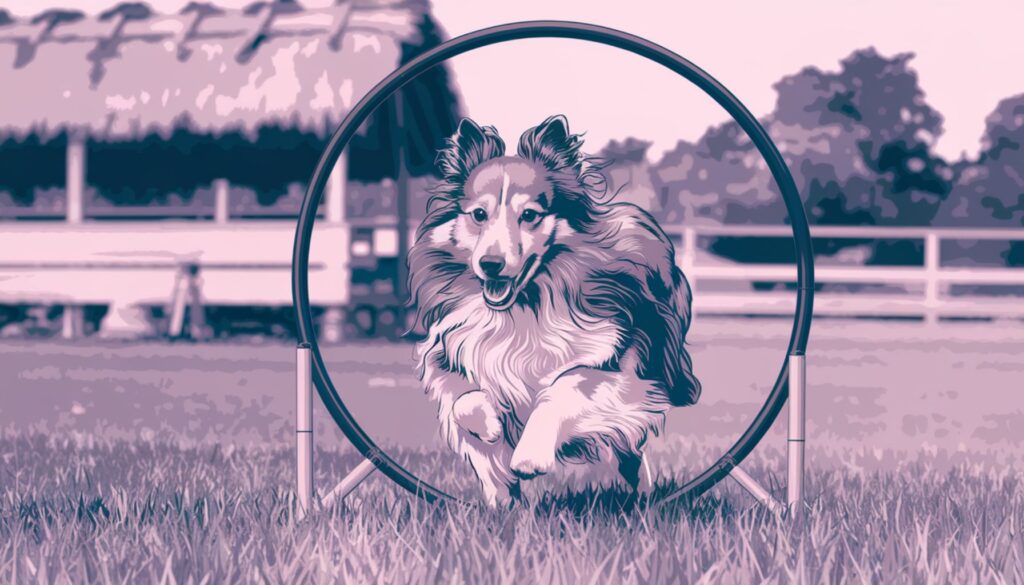 Vector illustration of a Shetland Sheepdog navigating an agility course