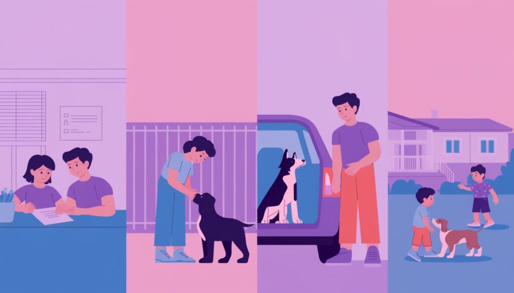 Vector illustration of a family going through the dog adoption process