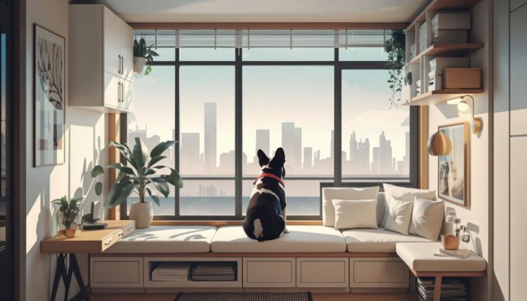 Vector illustration of a small dog enjoying life in a cozy apartment, representing apartment dog breeds