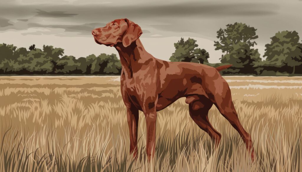 Vector illustration of a Vizsla pointing in a field